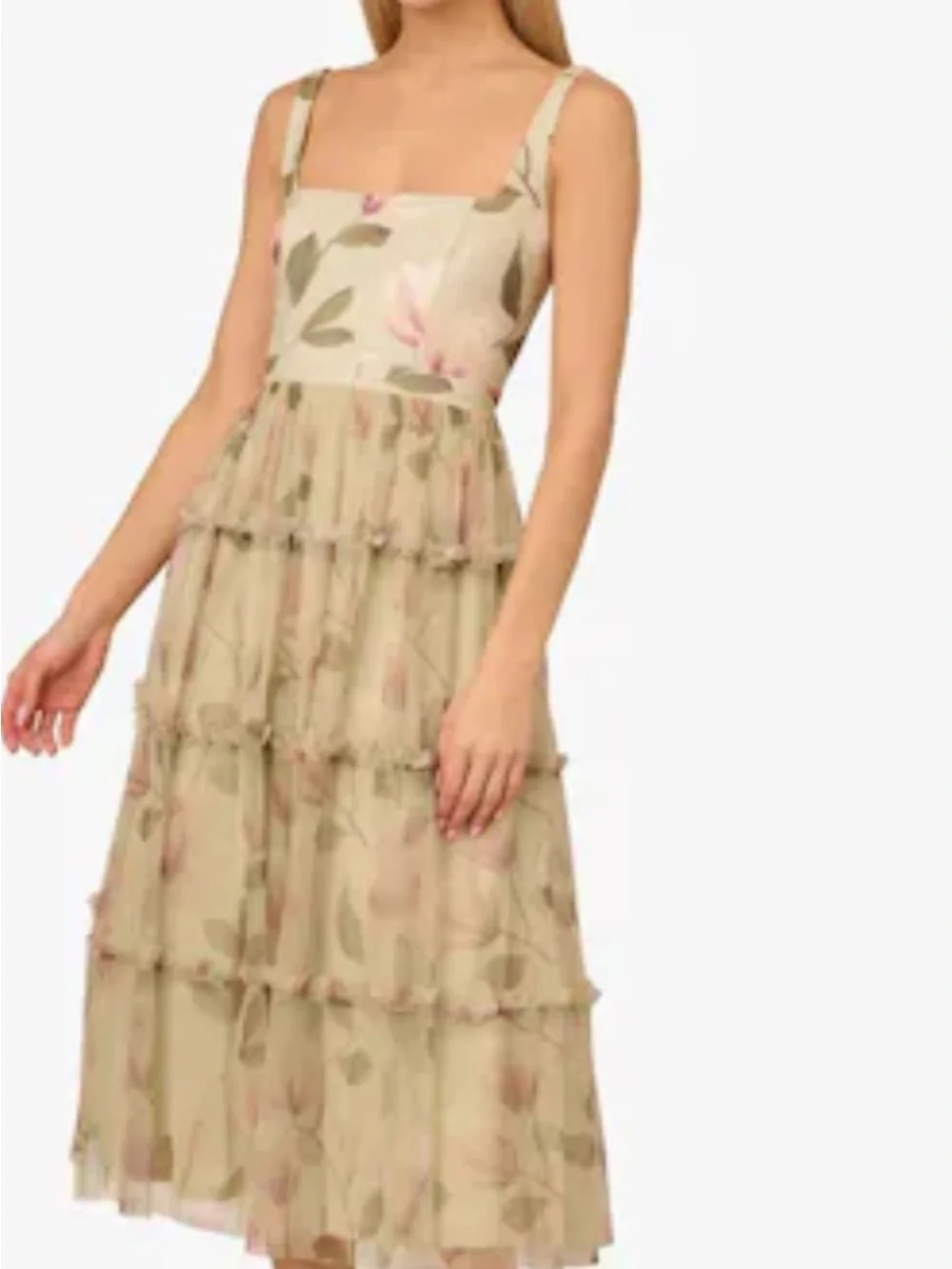 Adrianna PAPELL floral midi dress with square neck line, pale green 12 wedding - Picture 10 of 11